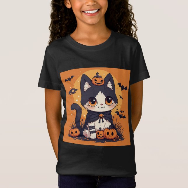 Camiseta Gato Fofo de Halloween com Abóboras e Morcegos  (Frente)