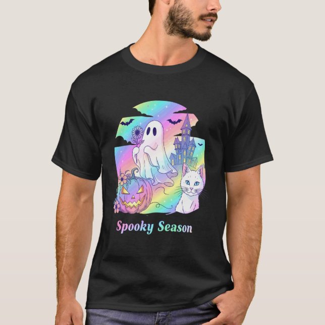 Camiseta Gato Fofo de Halloween de Tons Pastéis Abóbora Tem (Frente)
