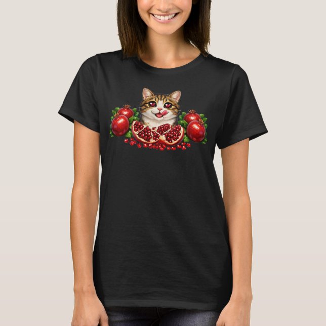 Camiseta Gato Fofo de Olhos de Coração com Romãs (Frente)