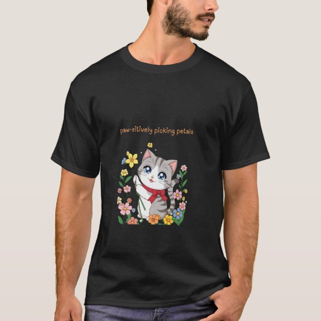 Camiseta Gato Fofo de Primavera Colhendo Flores Positivamen (Frente)