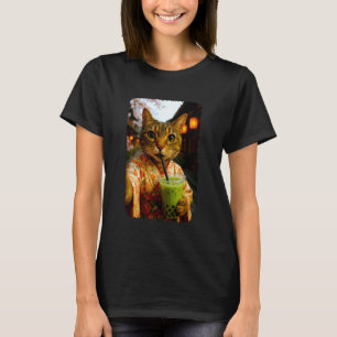 Camiseta Gato Fofo de Quimono Selfie Bebendo Chá de Bolhas
