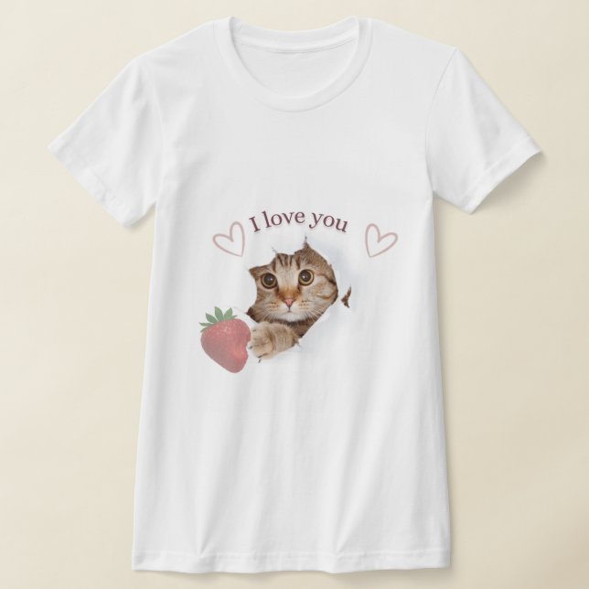 Camiseta Gato Fofo Design de Morango “Eu Te Amo” (Postura )