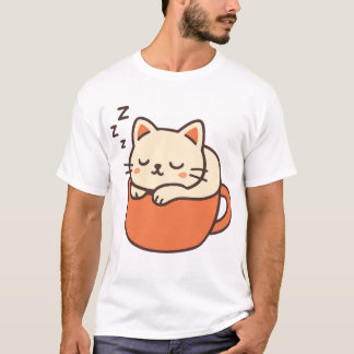 Camiseta Gato Fofo Dormindo na Xícara de Café