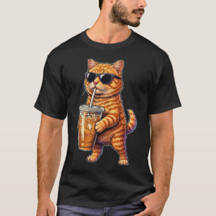 Camiseta Gato Fofo e Divertido Bebendo Café Gelado Meme
