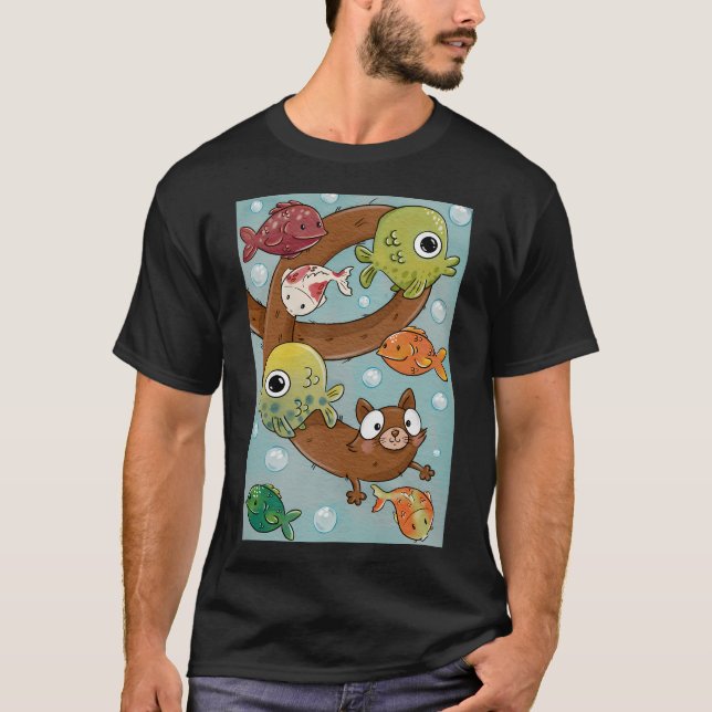 Camiseta Gato Fofo e Elástico Nadando Com Peixes (Frente)