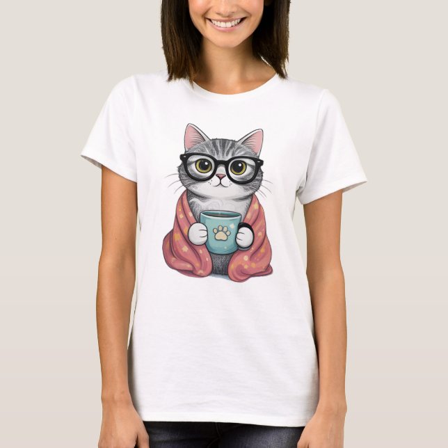Camiseta Gato Fofo e Nerd Bebendo Café (Frente)