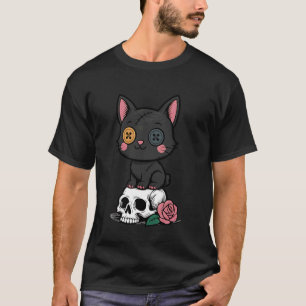 Camiseta Gato Fofo e Sinistro com Caveira e Garota Gótica R