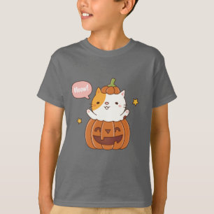 Camiseta Gato Fofo em Abóbora Talhada Feliz Halloween