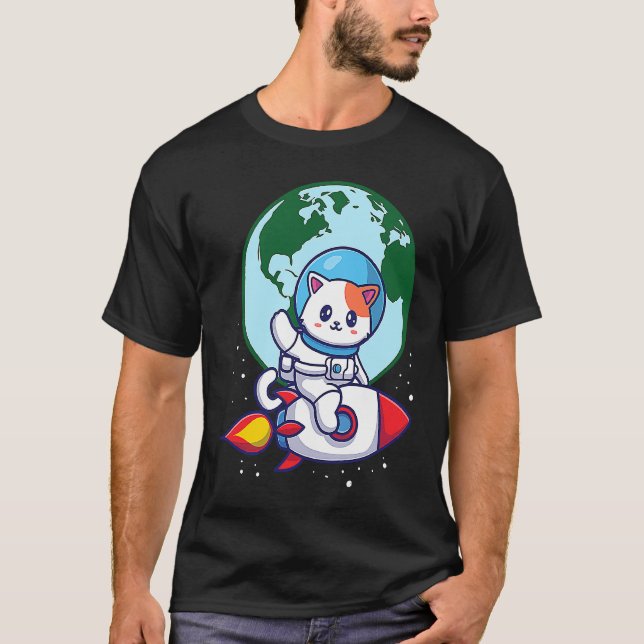 Camiseta Gato Fofo Espaço Foguete Espaço Terra (Frente)