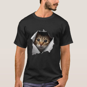 Camiseta Gato Fofo Espiando Através de Papel Rasgado Gato E