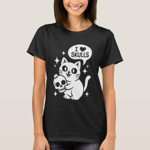 Camiseta Gato Fofo Eu Amo Caveiras Gato Gótico Engraçado Am