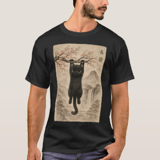 Camiseta Gato Fofo Flor de Cerejeira Japonês Ukiyo-e