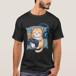 Camiseta Gato Fofo Gamer Pizza Piada Controle de Video Game