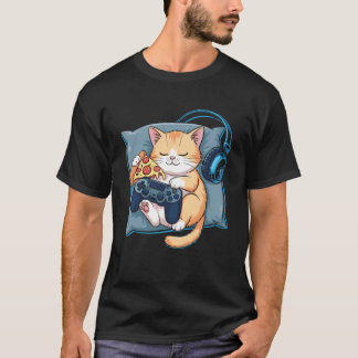 Camiseta Gato Fofo Gamer Pizza Piada Controle de Video Game