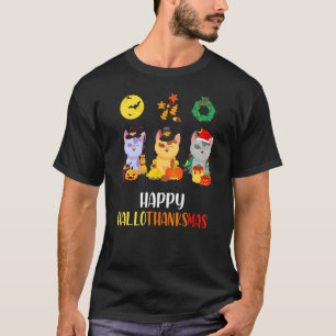 Camiseta Gato Fofo Halloween Natal Feliz Hallothanksmas
