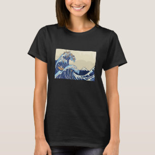 Camiseta Gato Fofo Japonês Surfando Grande Onda