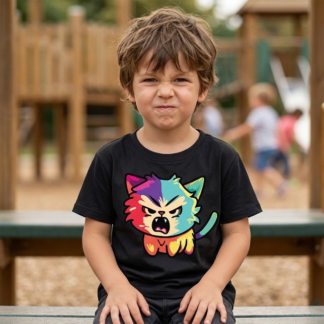Camiseta Gato Fofo Kawaii Bravo - Gatinho Silvando Pop Art (Cute Kawaii Angry Cat - Pop Art Hissing Kitty. Boy Basic Black T-Shirt)