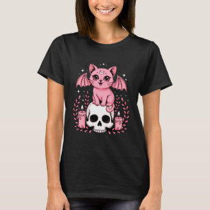 Camiseta Gato Fofo Morcego Rosa Pastel com Caveira Dia das