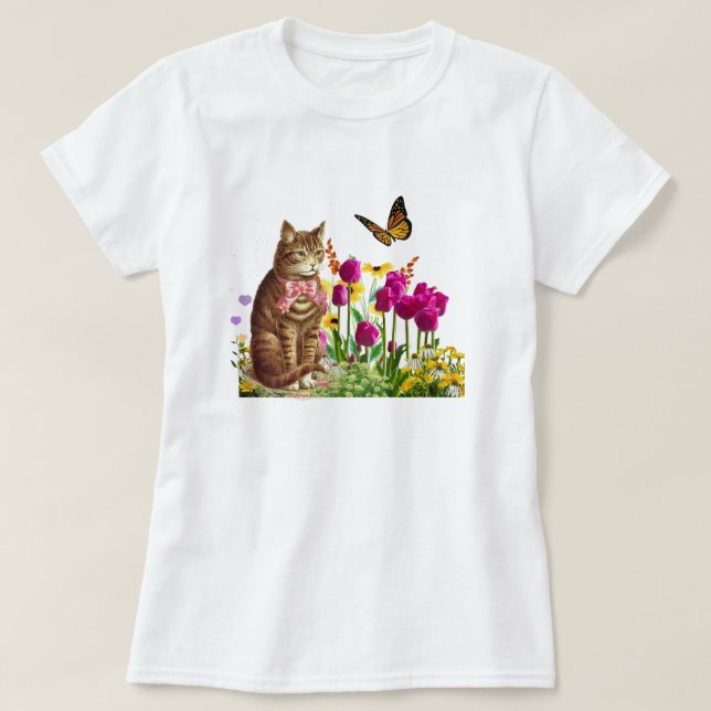 Camiseta Gato Fofo no Jardim de Flores com Borboleta (Frente do Design)