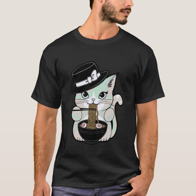 Camiseta Gato Fofo Pastel Goth Comendo Macarrão Sob a Lua (Frente)