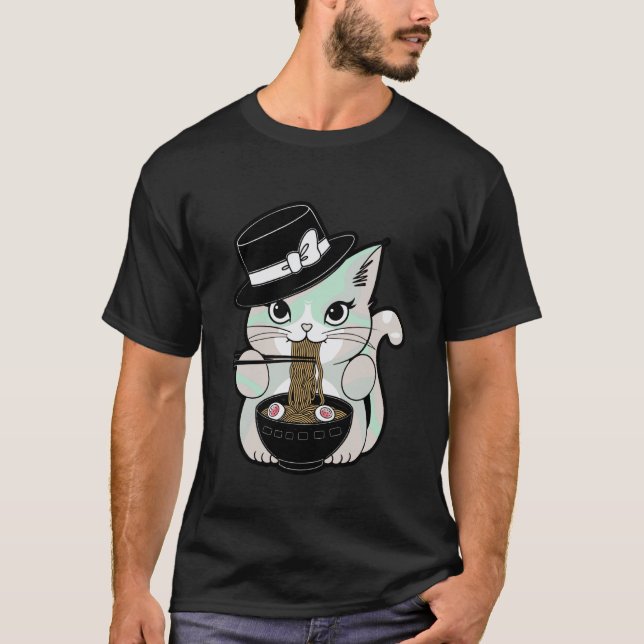 Camiseta Gato Fofo Pastel Goth Comendo Macarrão Sob a Lua (Frente)