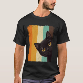 Camiseta Gato Fofo Preto Espiando ao Redor Canto Retro