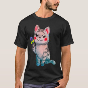 Camiseta Gato Fofo Segurando Uma Flor Violeta do Mês de Nas