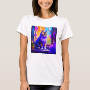 Camiseta Gato Fofo Sentado na Janela Arte de IA