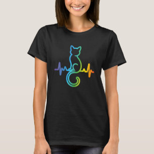 Camiseta Gato Fofo Silhueta Batimento Cardíaco Arco-íris Am