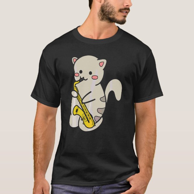 Camiseta Gato Fofo Tocando Saxofone 1 (Frente)
