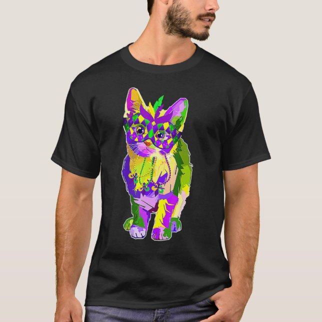 Camiseta Gato Fofo Usando Máscara de Carnaval Mardi Gras Ca (Frente)