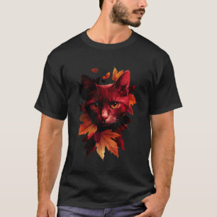 Camiseta Gato Folhas de Outono Caem Natureza Escuro Vermelh