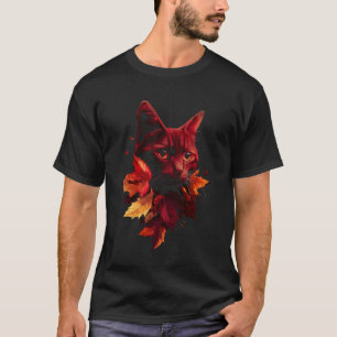 Camiseta Gato Folhas de Outono Caem Natureza Escuro Vermelh
