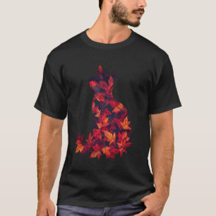 Camiseta Gato Folhas de Outono Caem Natureza Escuro Vermelh