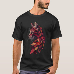 Camiseta Gato Folhas de Outono Caem Natureza Vermelho Escur
