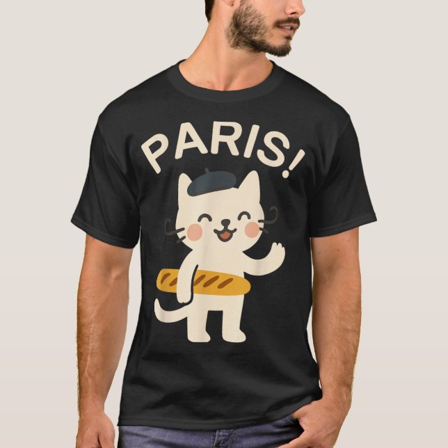 Camiseta Gato Francês Com Baguete Gato Fofo Paris Animação  (Frente)