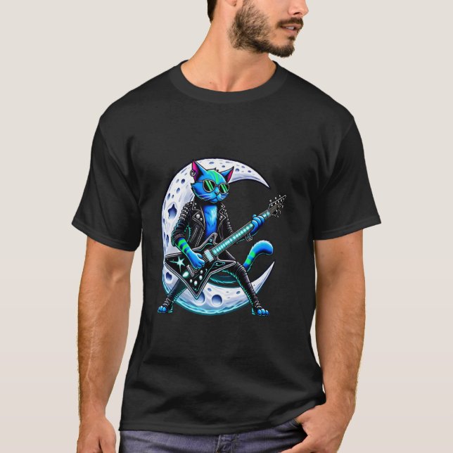 Camiseta Gato Funky Tocando Violão Lua, Banda de Rock And R (Frente)