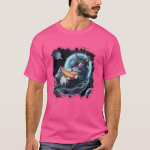 Camiseta Gato Galáxico Comendo Astronauta Espacial Engraçad