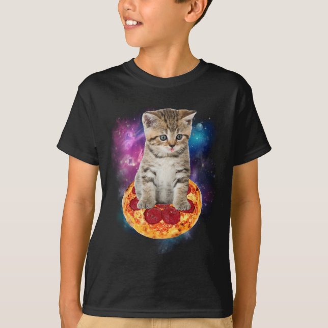 Camiseta Gato Galáxico Engraçado no Espaço - Pizza de gato  (Frente)