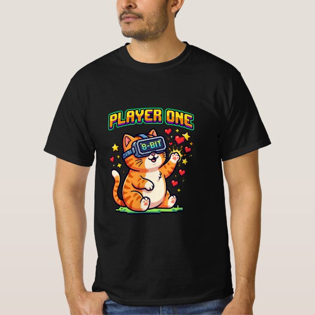 Camiseta Gato Gamer de VR 8-Bit Player Um (Frente)
