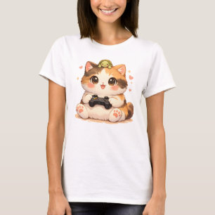 Camiseta Gato Gamer Fofo com Gatinho Gamer Kawaii Tartaruga