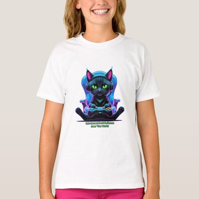 Camiseta Gato gamer futurista con joystick y actitud felina (Frente)