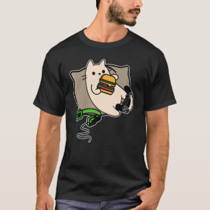 Camiseta gato gamer nerd comendo hambúrguer carregando jogo
