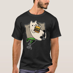 Camiseta gato gamer nerd comendo hambúrguer carregando jogo