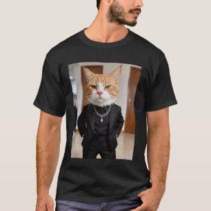 Camiseta Gato Gângster Terno Preto Corrente Chefe Atitude L