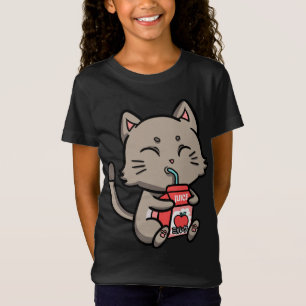 Camiseta Gato Gatinho Bebendo Manga de Fruta de Sumo de Maç