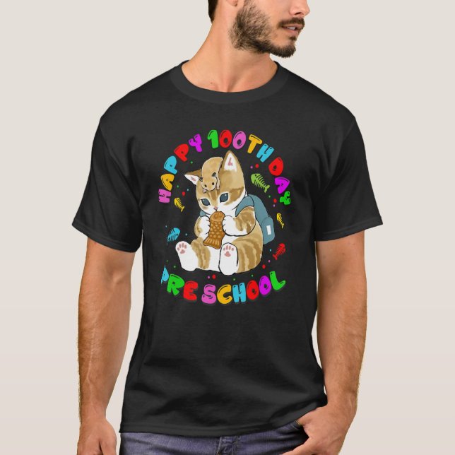 Camiseta Gato Gato Feliz 100º Dia Da Escola Para A Pré-Esco (Frente)