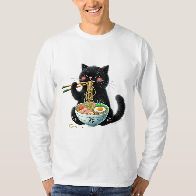 Camiseta Gato giro desfrutando uma tigela quente de ramen (Frente)