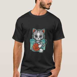 Camiseta gato giro jogando basquete vestindo roupas, engraç