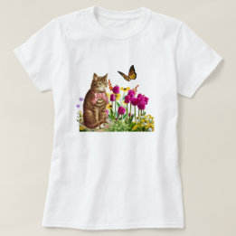 Camiseta Gato giro no Jardim Flor com Borboleta